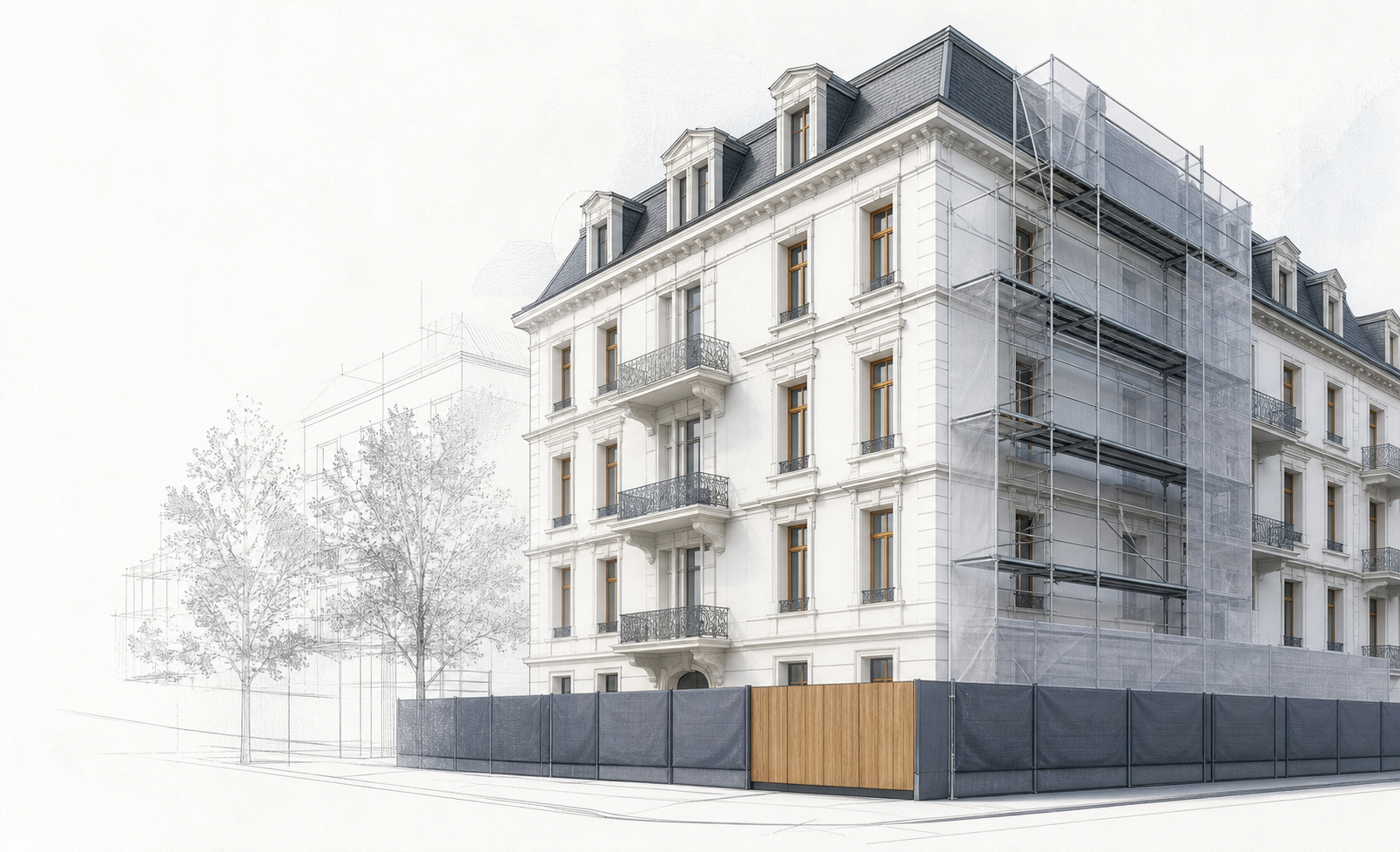Architekturillustration einer Gebäudesanierung