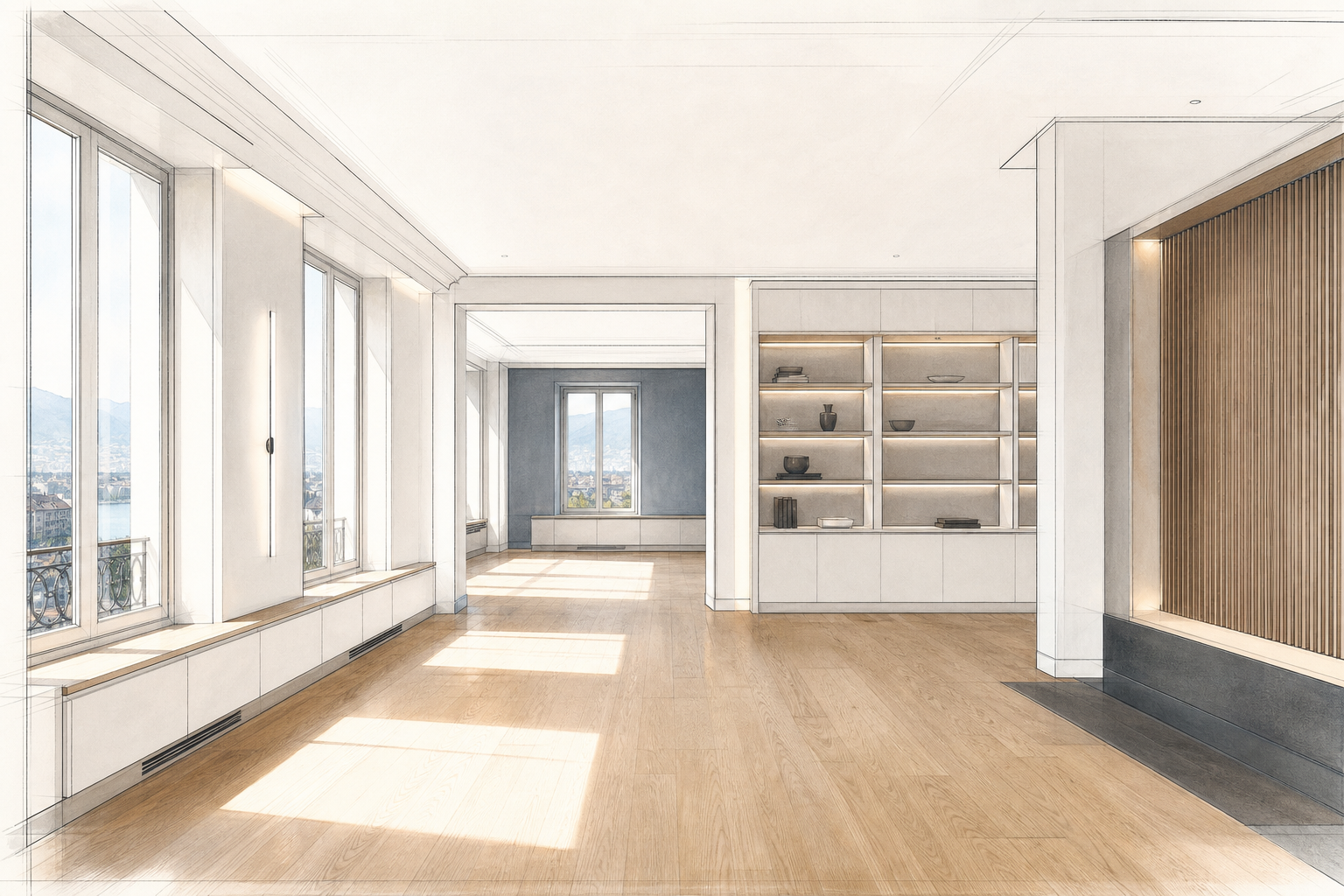 Architekturillustration eines fertig renovierten Wohnraums